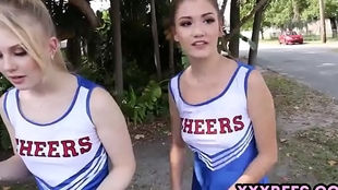 Teen cheerleaders get triple oral pleasure and fuck with a coach